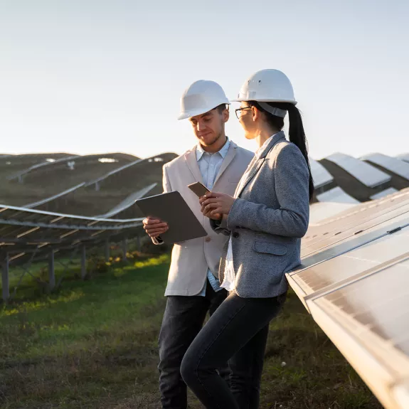 project developers talking in a free-field solar power plant